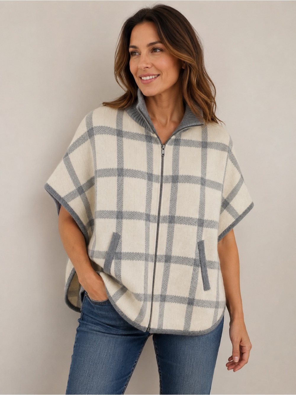 KINROSS 100% Cashmere Plaid Zip Poncho Cape – Gray & Ivory – Size M (Estimated)